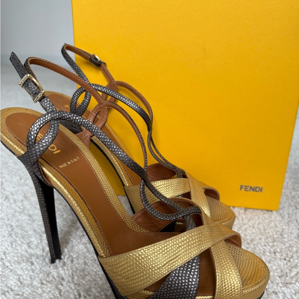 Fendi Gold and Black Strappy Heels